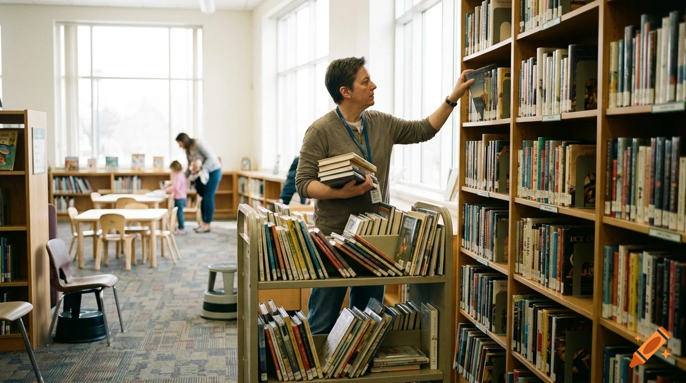 A librarian holding books in front of shelves in a library.