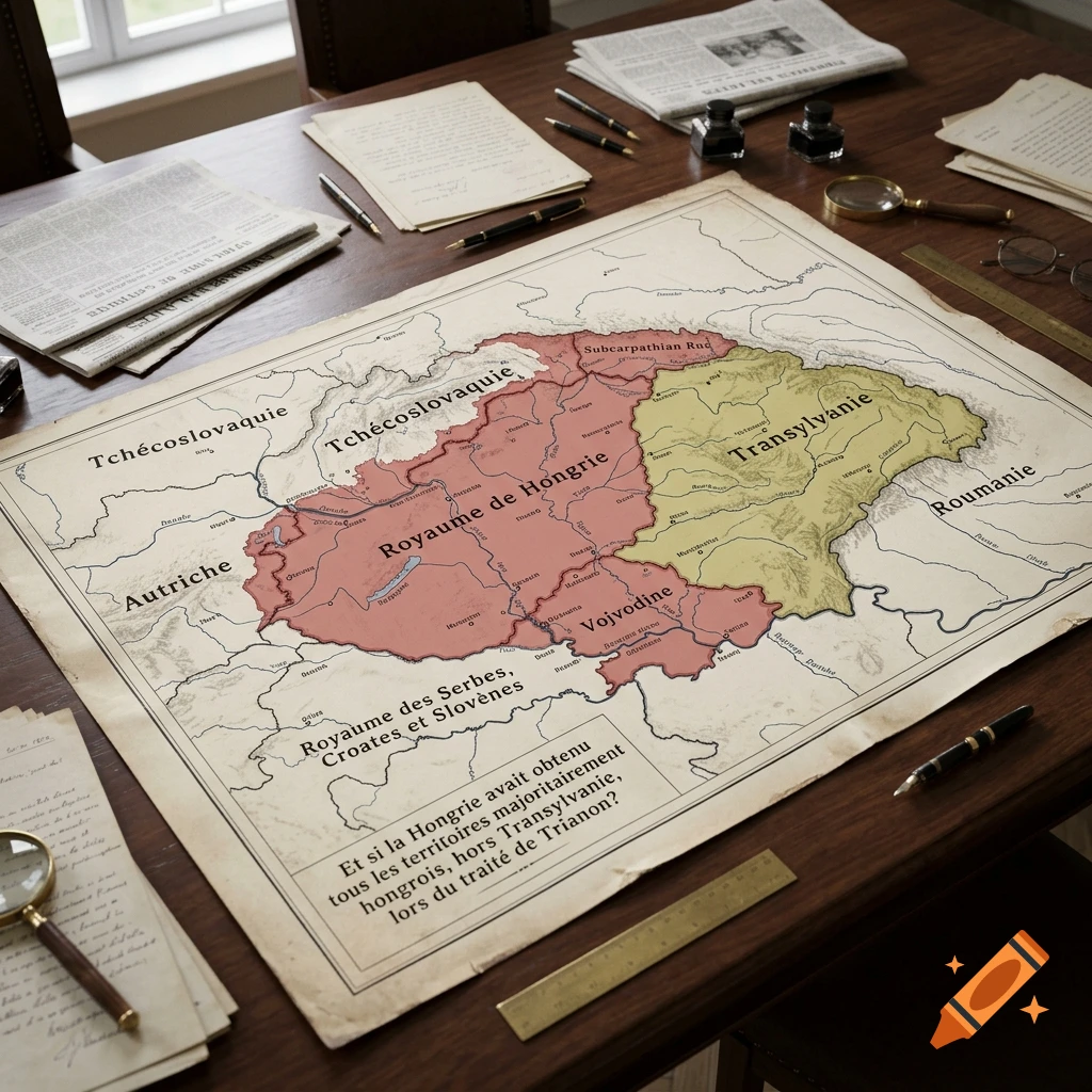 An alt-history map of Hungary spread out on a dark wooden desk surrounded by newspapers, pens, and a magnifying glass.