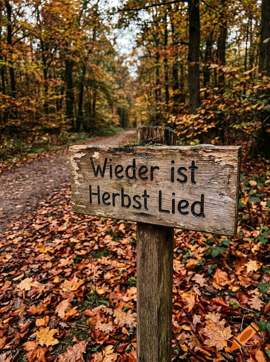 A weathered wooden sign with German text in an autumn forest covered in fallen leaves, photorealistic style.