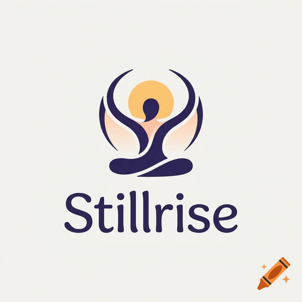A minimalist vector logo showing a stylized person in a meditation pose with a yellow sun behind them, and the text Stillrise underneath.