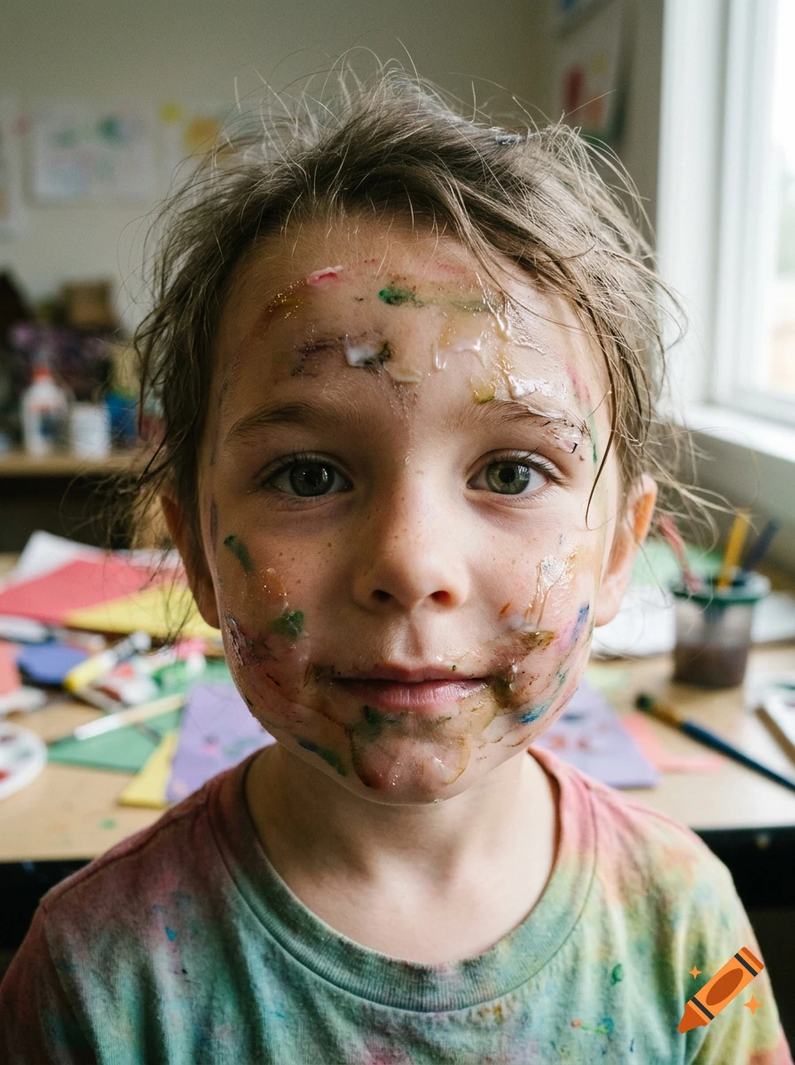 Close-up photorealistic portrait of a young child with paint smeared on their face, looking at the camera.