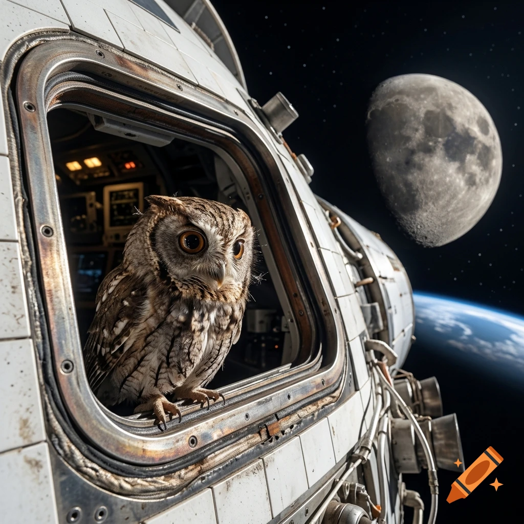 Photorealistic image of an owl looking out of a spacecraft window in space with the moon and earth visible in the background.
