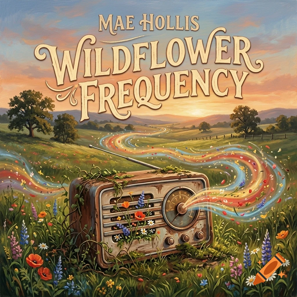 An old, rusty radio overgrown with vines and wildflowers sits in a grassy meadow at sunset, emitting a colorful stream of light and flowers.