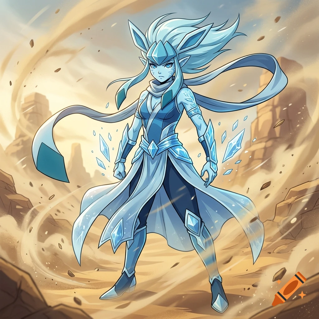 Anime style illustration of a blue humanoid creature inspired by Glaceon standing in a desert sandstorm.