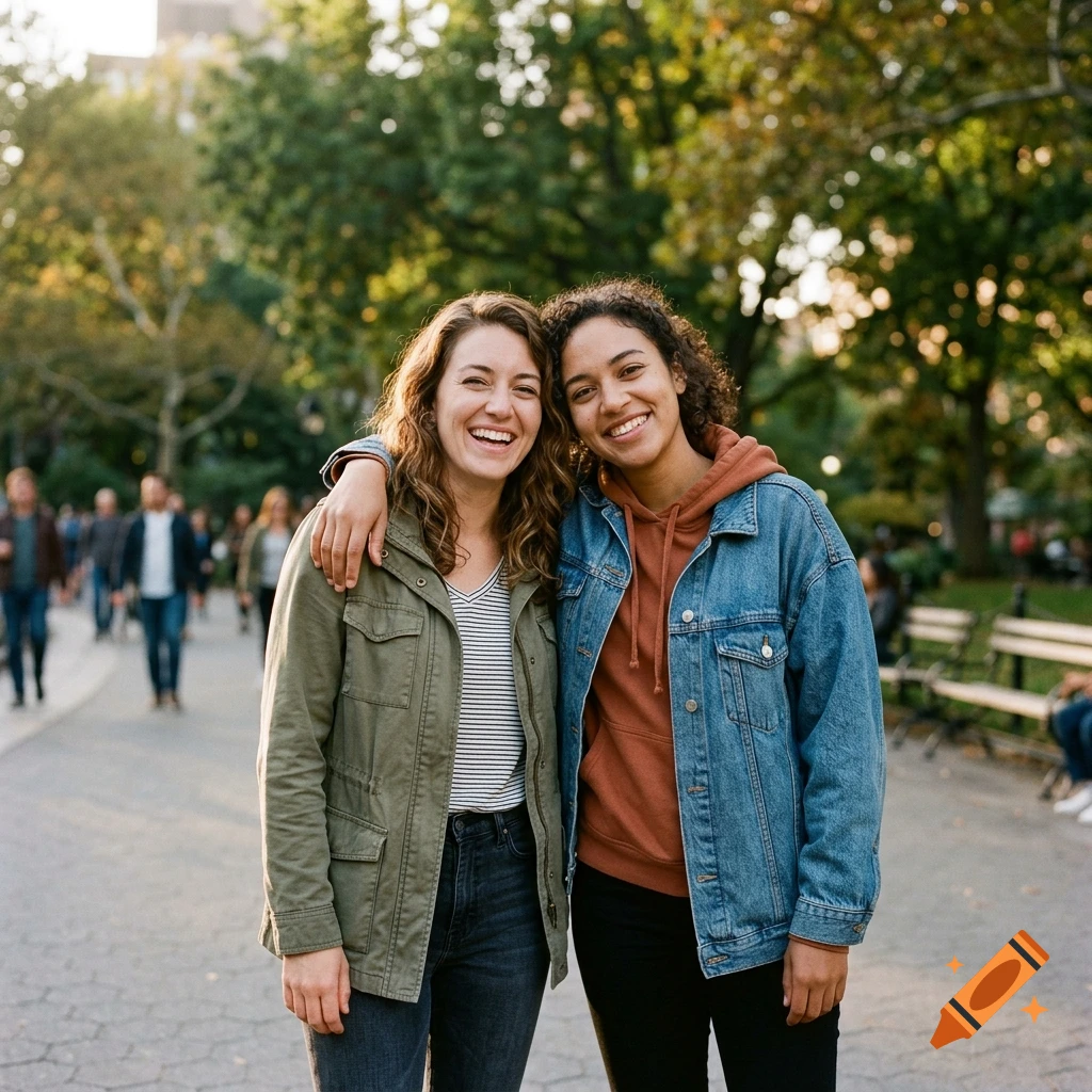 Two young women smiling and posing together in a park, with one woman's arm around the other's shoulder.