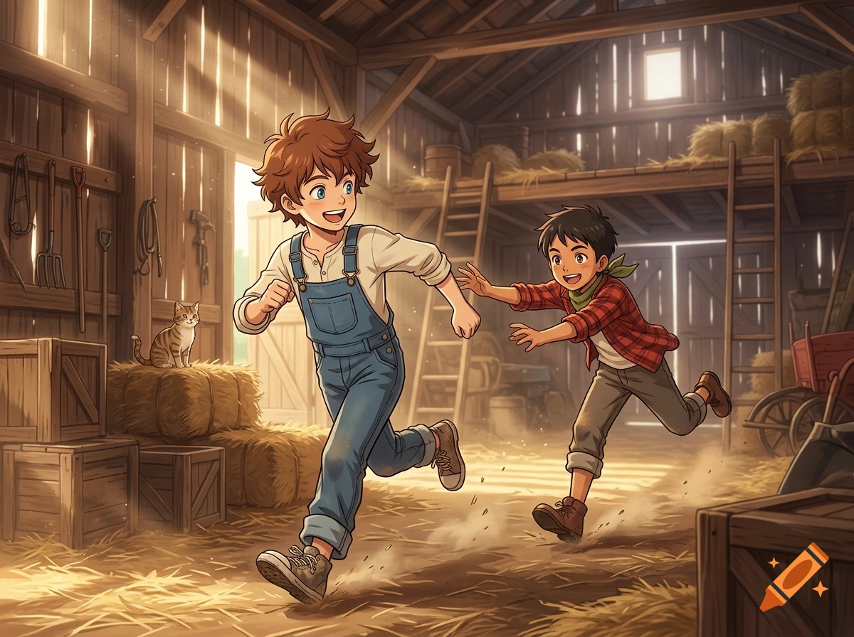 Anime style illustration of two joyful boys running and playing in a sunny wooden barn, accompanied by a small cat.
