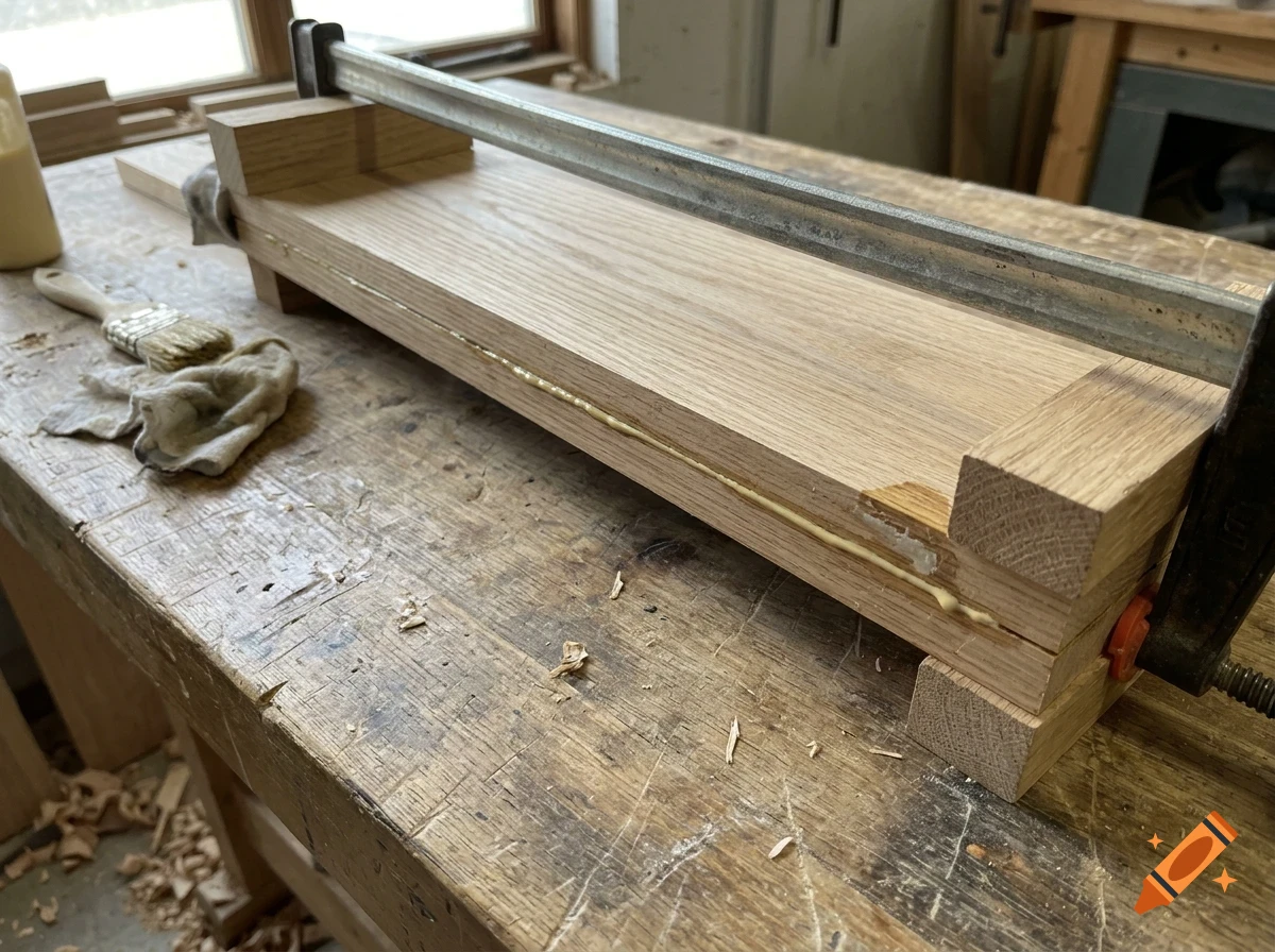 Wooden boards clamped together with glue on a workbench in a workshop.