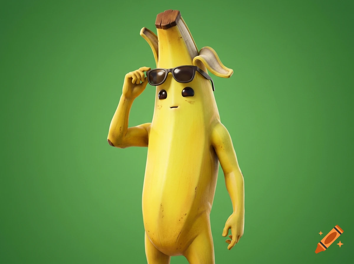 3D render of Peely the banana character from Fortnite wearing sunglasses, standing against a green background.