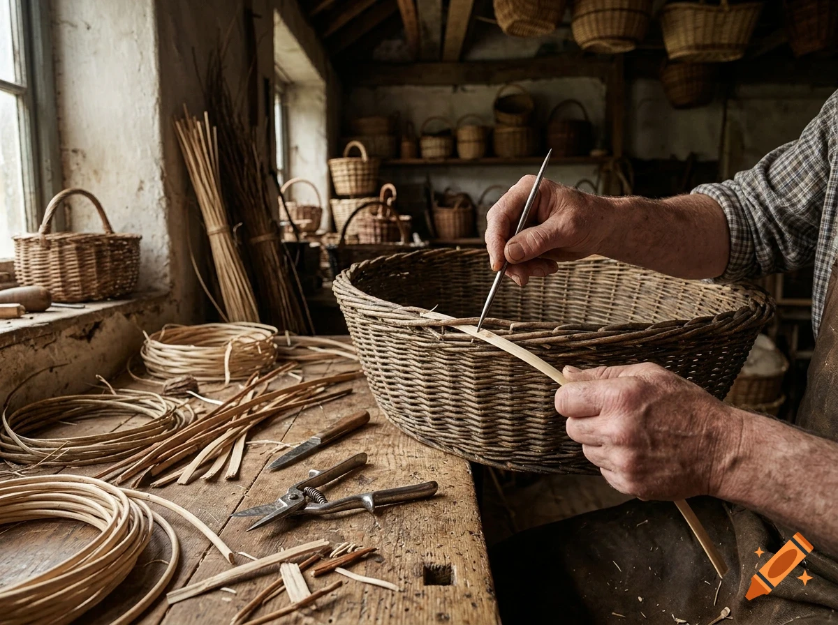 A close-up shot of a craftsman's hands weaving a basket in a rustic workshop filled with wicker materials and finished baskets.