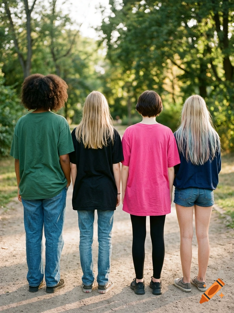 Four teenage girls with diverse hairstyles and clothing standing with their backs to the camera in a park.
