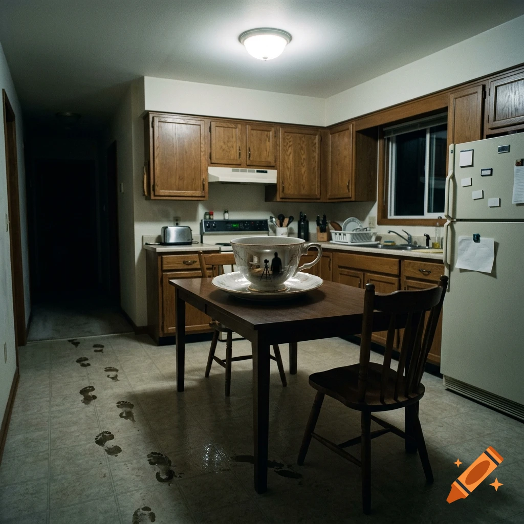 Photorealistic kitchen with a giant teacup on the table and muddy footprints leading down a dark hallway.