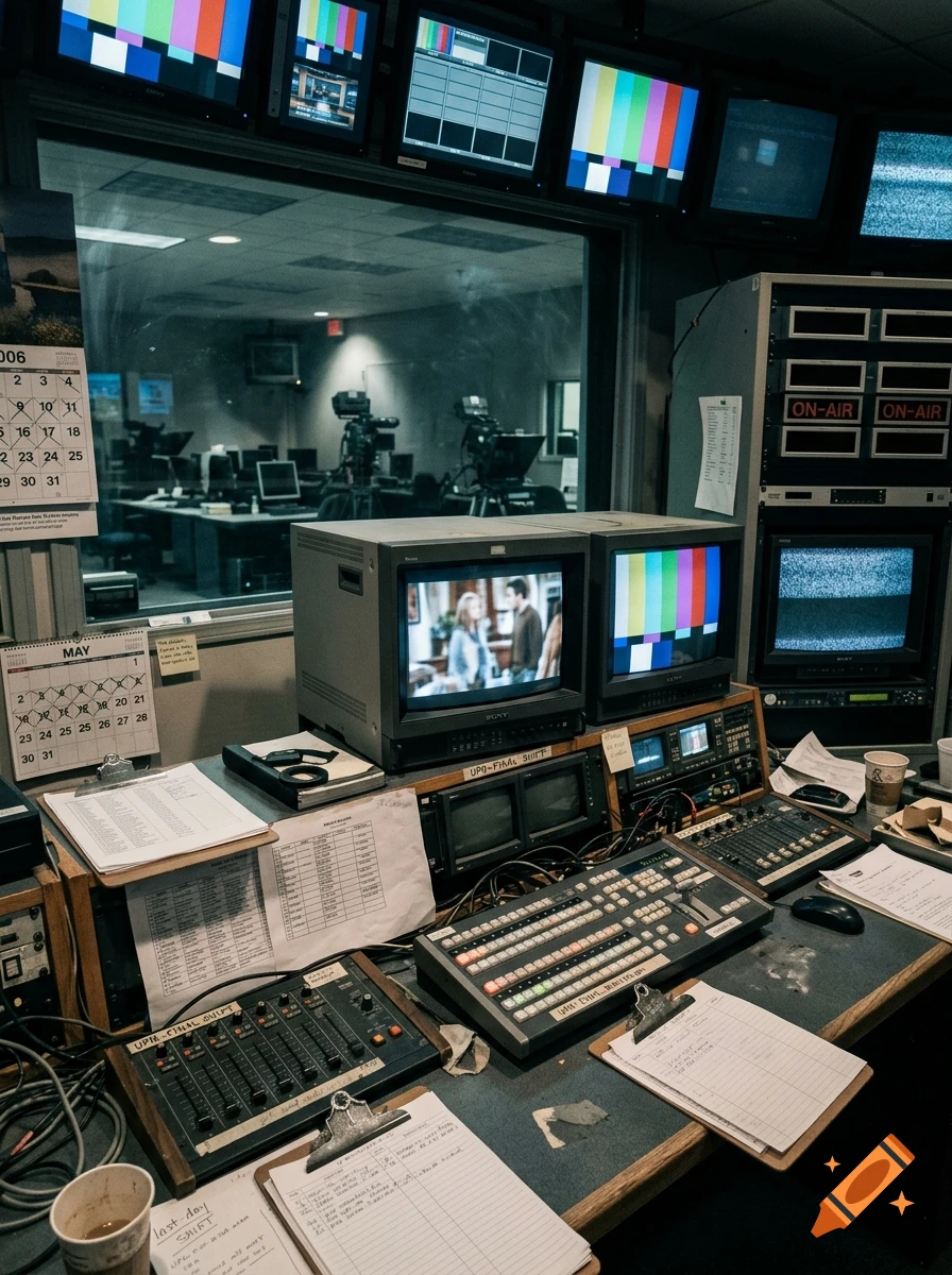 Photorealistic image of a television control room with monitors displaying test patterns and calendars on the wall.