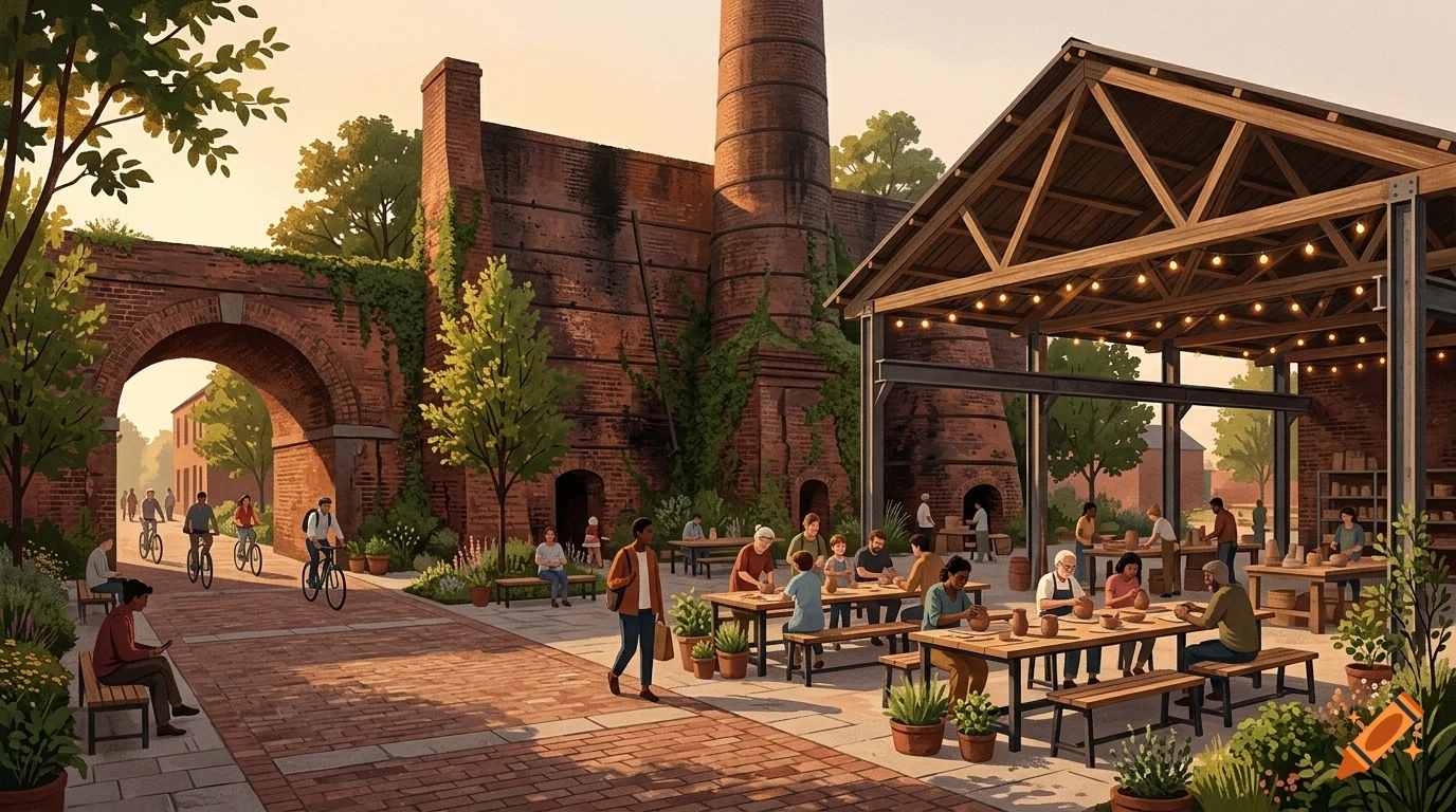 An outdoor public pottery workshop set in a historic industrial courtyard with brick kilns, arches, and people at work tables.