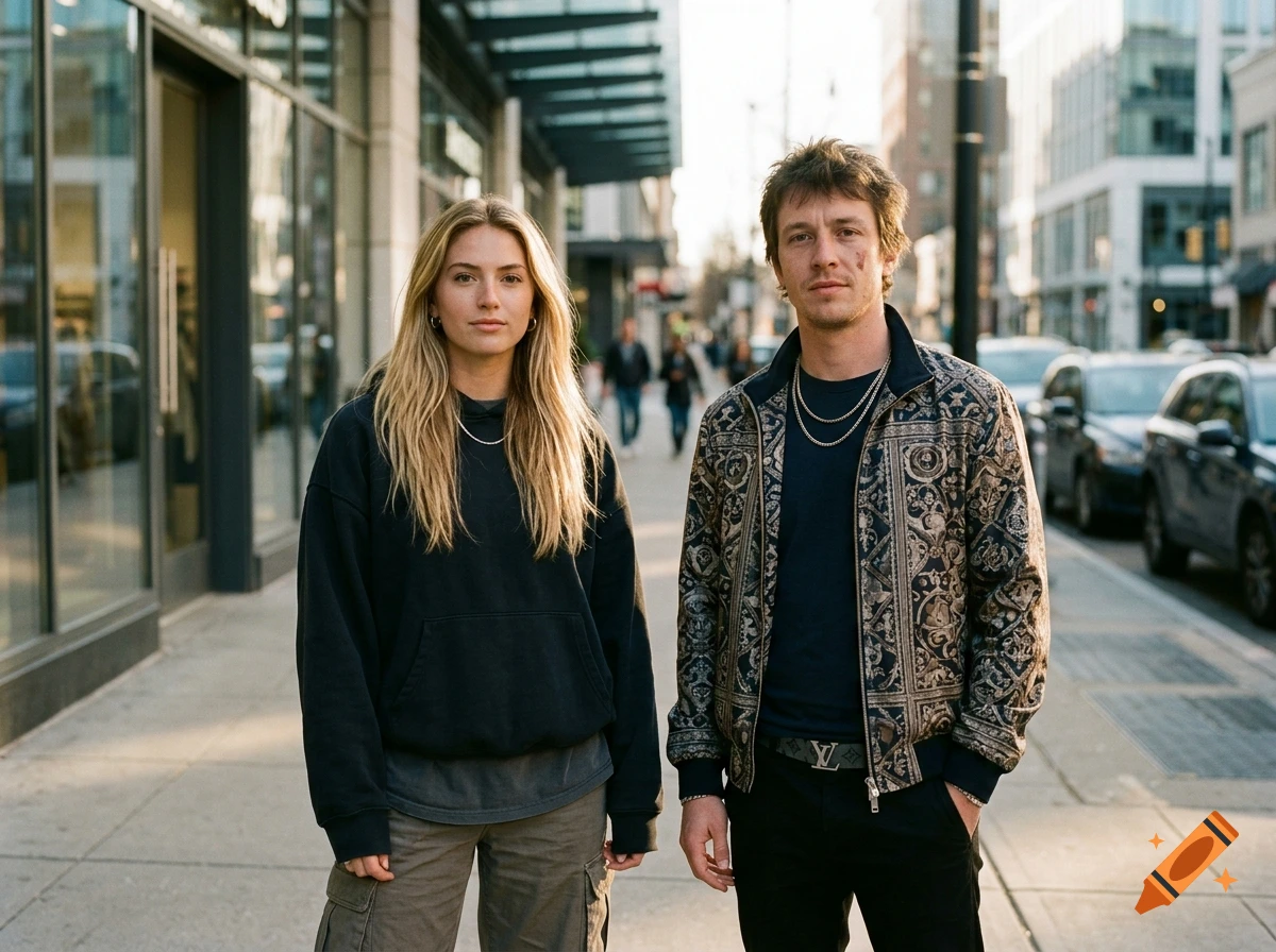 Photorealistic medium shot of a young woman and man standing on a city sidewalk wearing casual streetwear.
