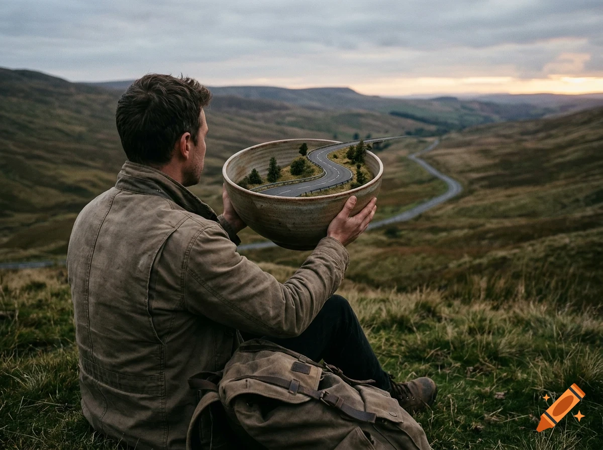 A man sits on a grassy hillside holding a large ceramic bowl that contains a miniature landscape with a winding road, matching the surrounding landscape.