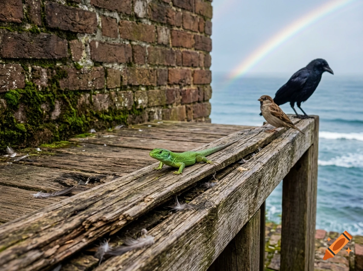 Photorealistic image of a green lizard, a sparrow, and a crow on a weathered wooden railing with a brick wall and a rainbow over the sea.
