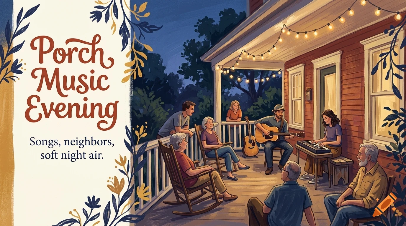 An illustrated poster showing neighbors gathered on a porch at night playing music, with the text Porch Music Evening.