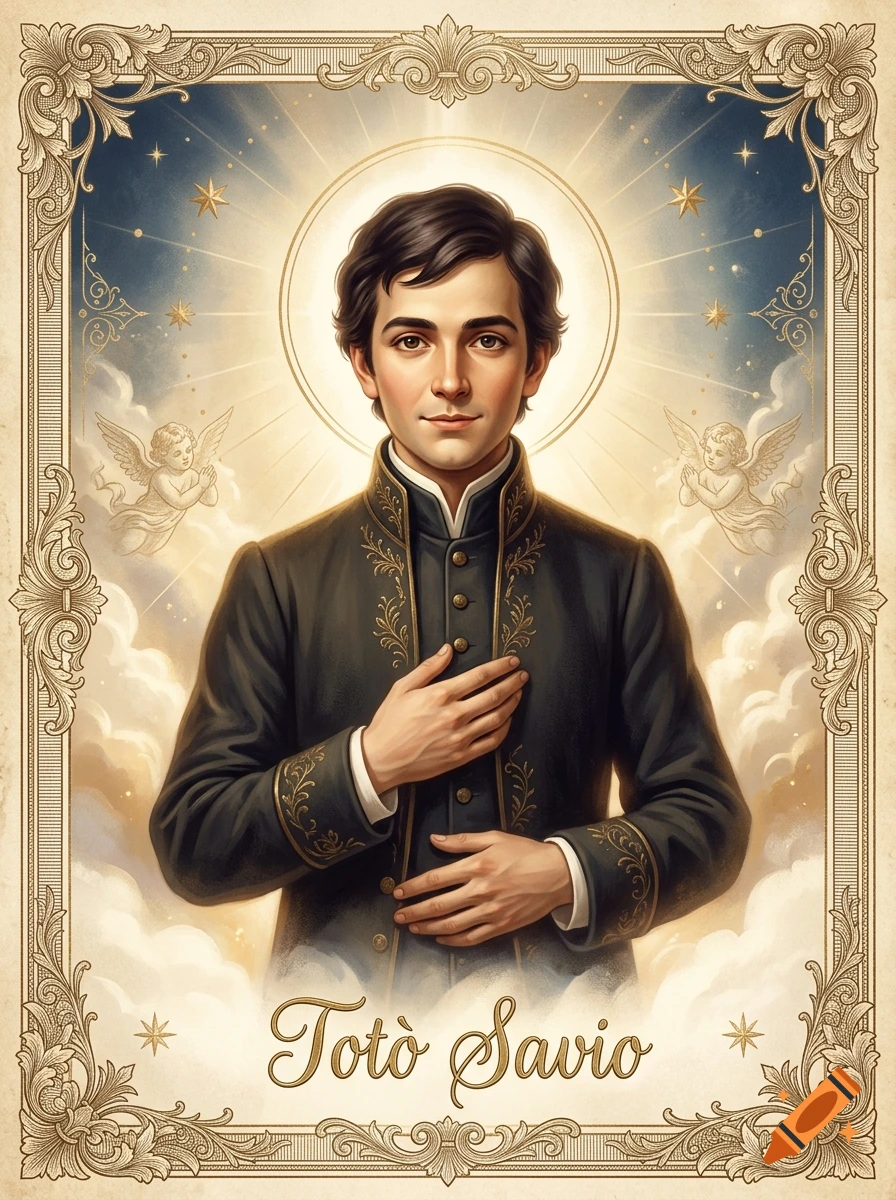 Vintage holy card illustration of a young man with dark hair in a cassock, with angels in the background and text reading 'Totò Savio'.