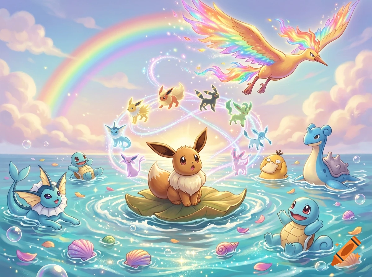 Digital illustration of Eevee sitting on a leaf in water surrounded by various Eeveelutions and a rainbow-winged bird in the sky.