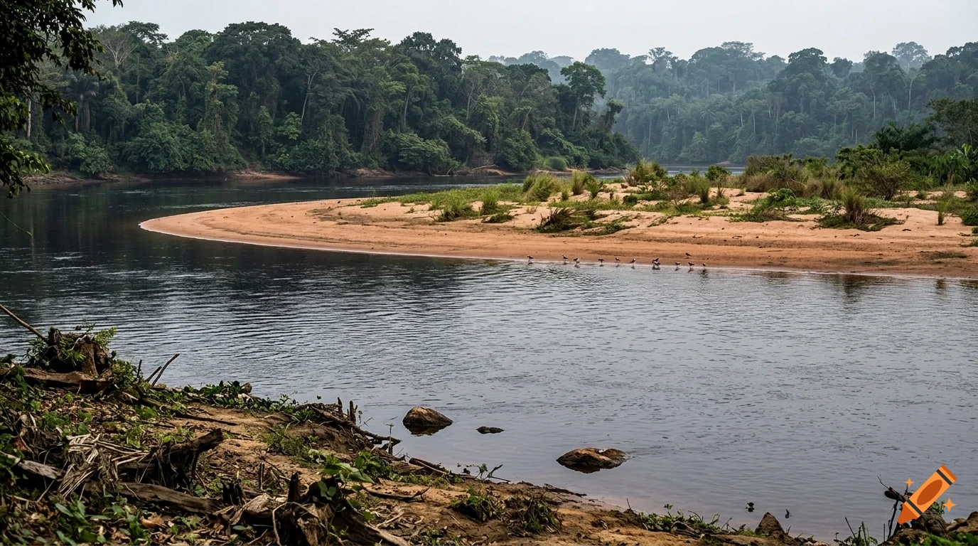 A wide river flowing through a dense forest with a sandy bank and trees lining the horizon.