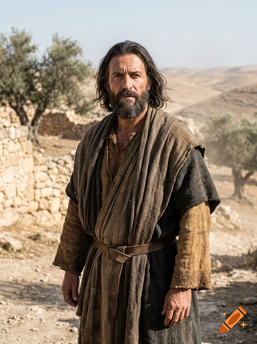 Photorealistic medium shot of a rugged prophet with long dark hair and a beard, wearing coarse robes in an arid landscape.