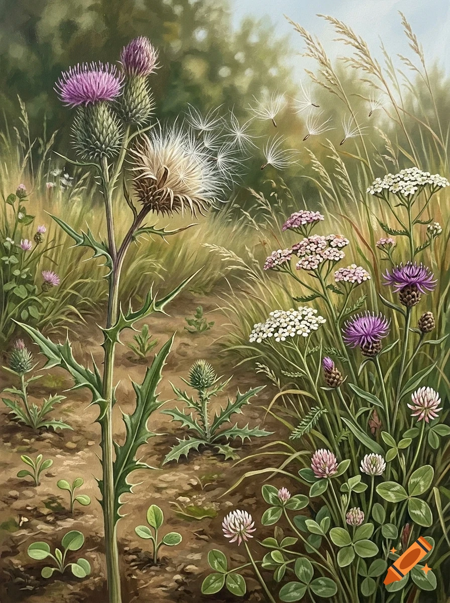 Close-up of purple thistle flowers, seed heads blowing in the wind, and various wildflowers and clover in a grassy field.