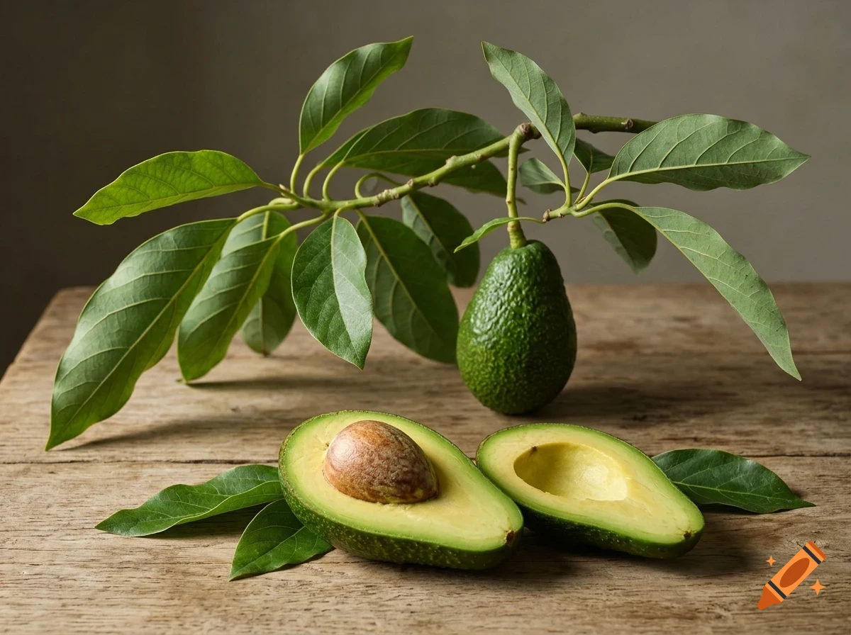 An avocado on a leafy branch and two halved avocados with a pit on a wooden surface.