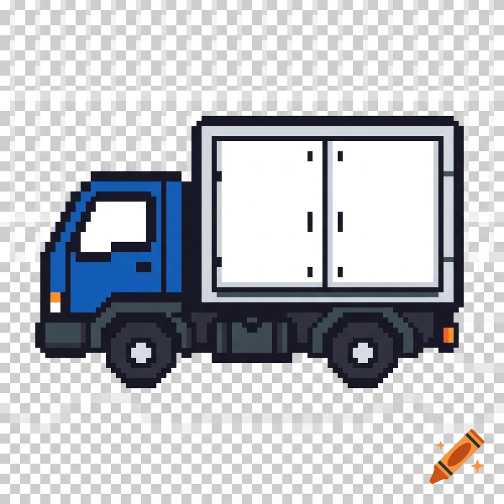 Pixel art of a blue and white delivery truck on a transparent background.