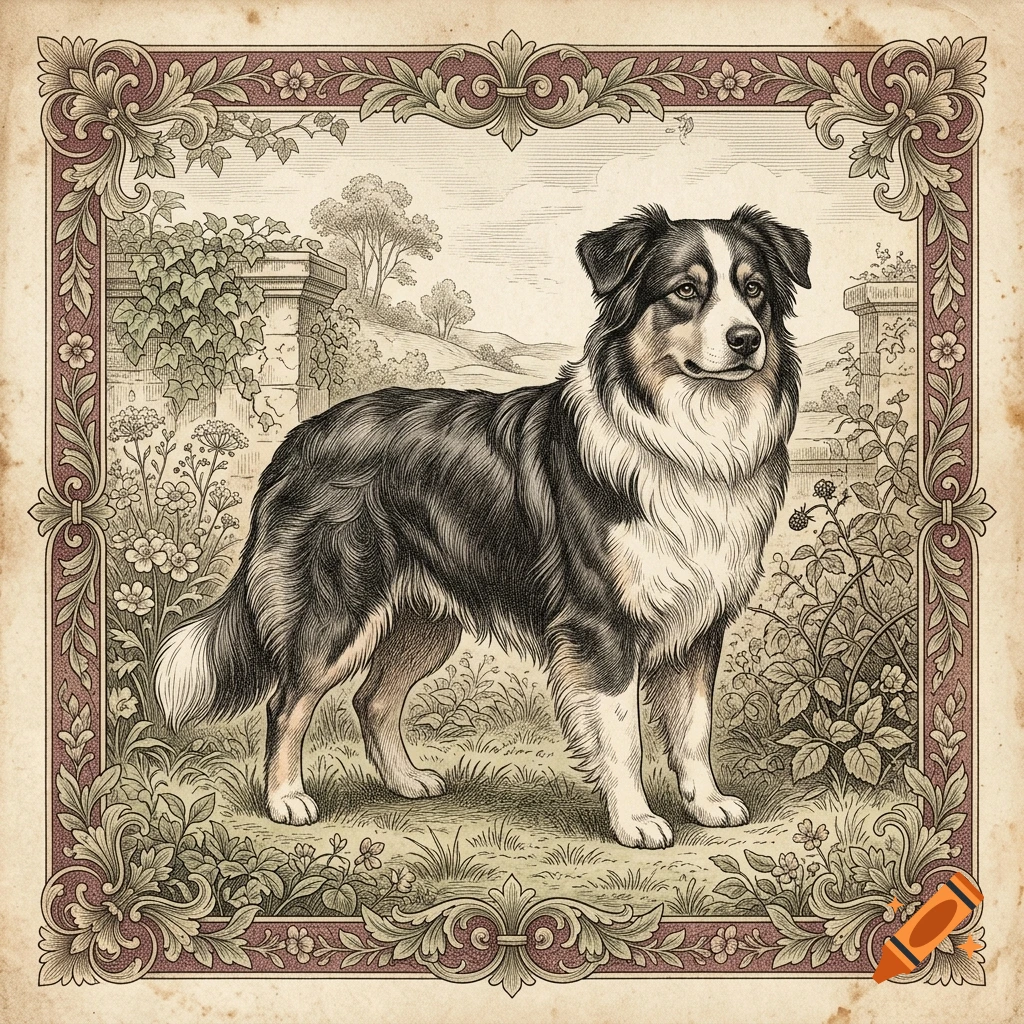 A vintage Victorian-style illustration of an Australian Shepherd dog standing in a garden framed by an ornate decorative border.