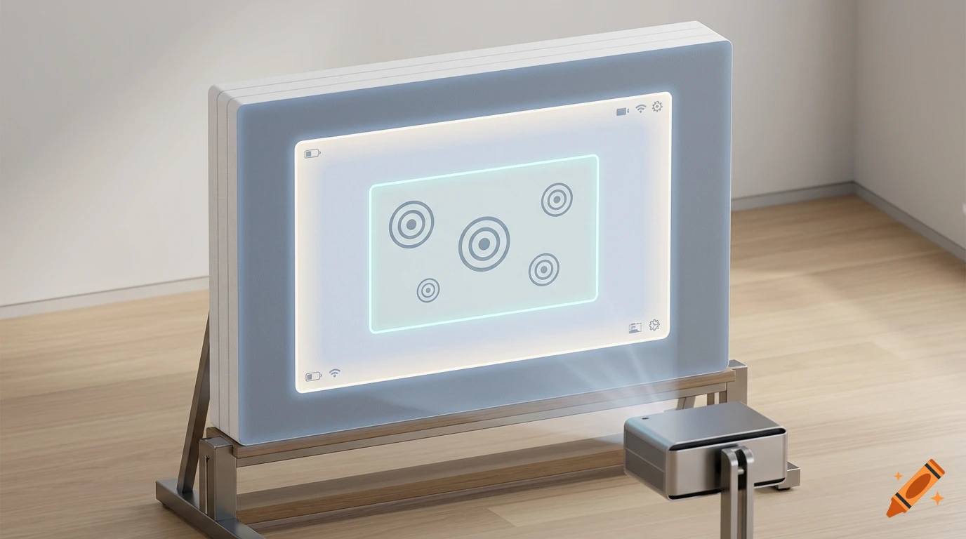 A 3D technical infographic showing a projector displaying a targeted area on a foam wall in a minimal room.