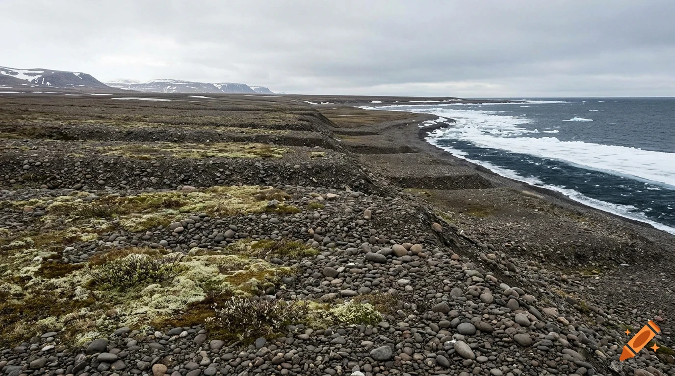 A desolate, rocky coastal landscape with terraced ridges, patches of moss, and cold dark water with icy shores under an overcast sky.