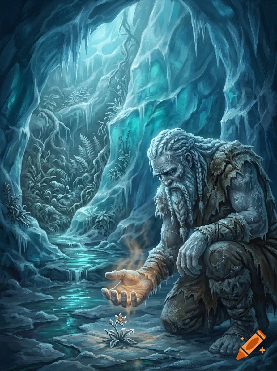 An elderly bearded man with frosty skin kneels in an icy cave, holding his glowing hand over a small flower near a stream.