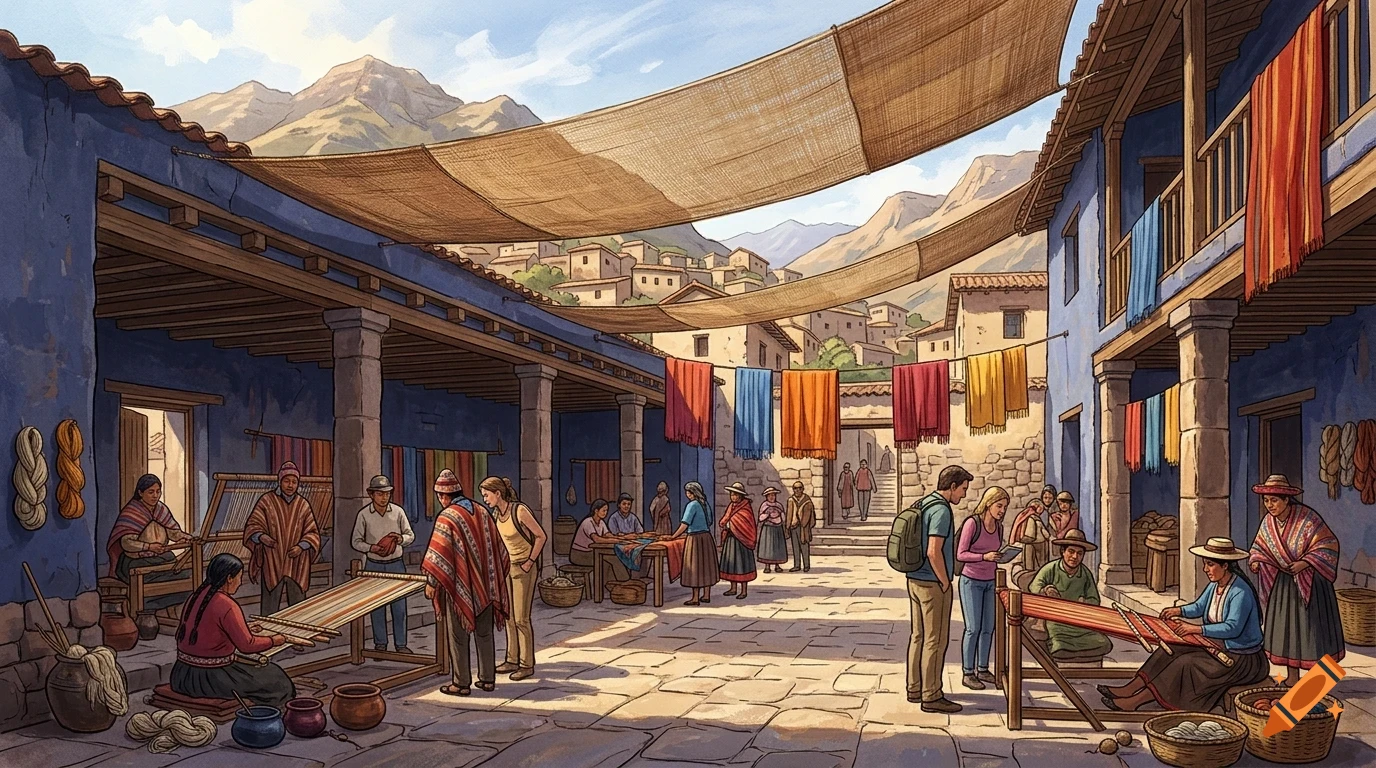 An illustration of a bustling mountain village marketplace with people weaving textiles and shopping amidst colorful cloths hung across stone buildings.