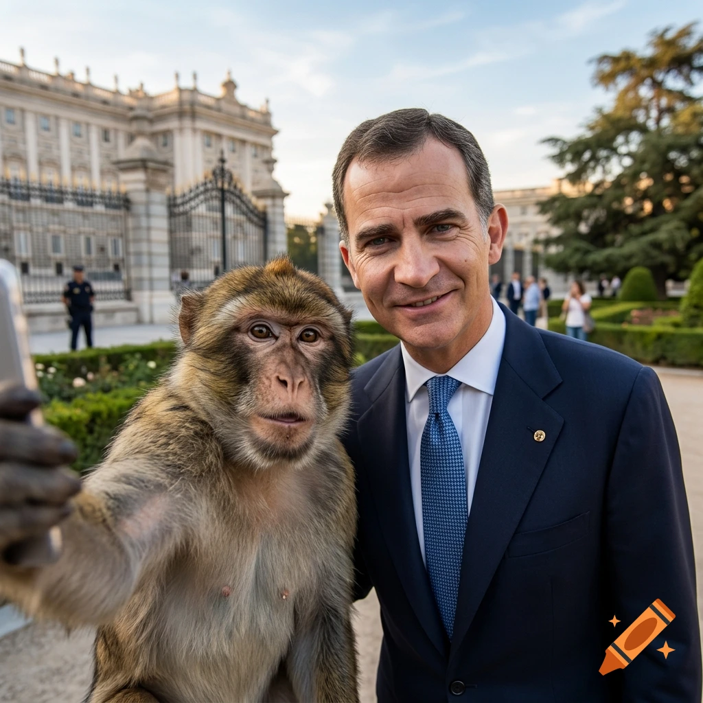 Photorealistic selfie of a monkey holding a smartphone next to King Felipe VI of Spain in front of a palace.