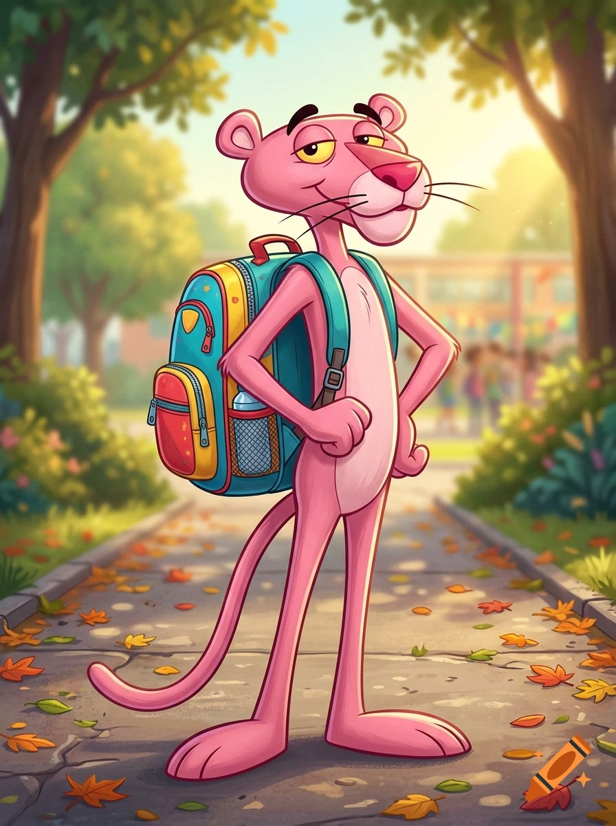 Digital illustration of the Pink Panther wearing a blue and yellow school backpack, standing on an autumn pathway with fallen leaves.