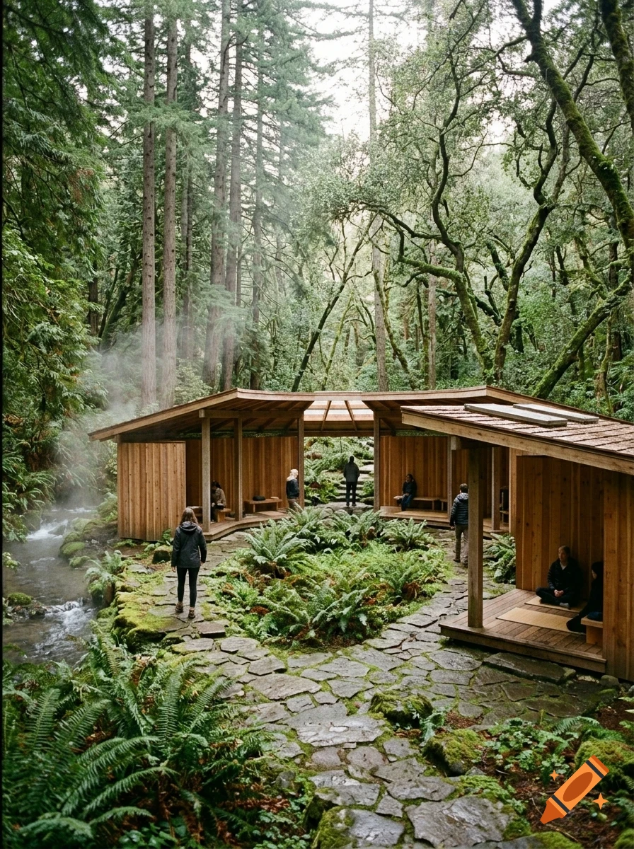 A wooden pavilion nestled in a lush, foggy redwood forest alongside a stream, with people walking on stone paths and sitting in open alcoves.