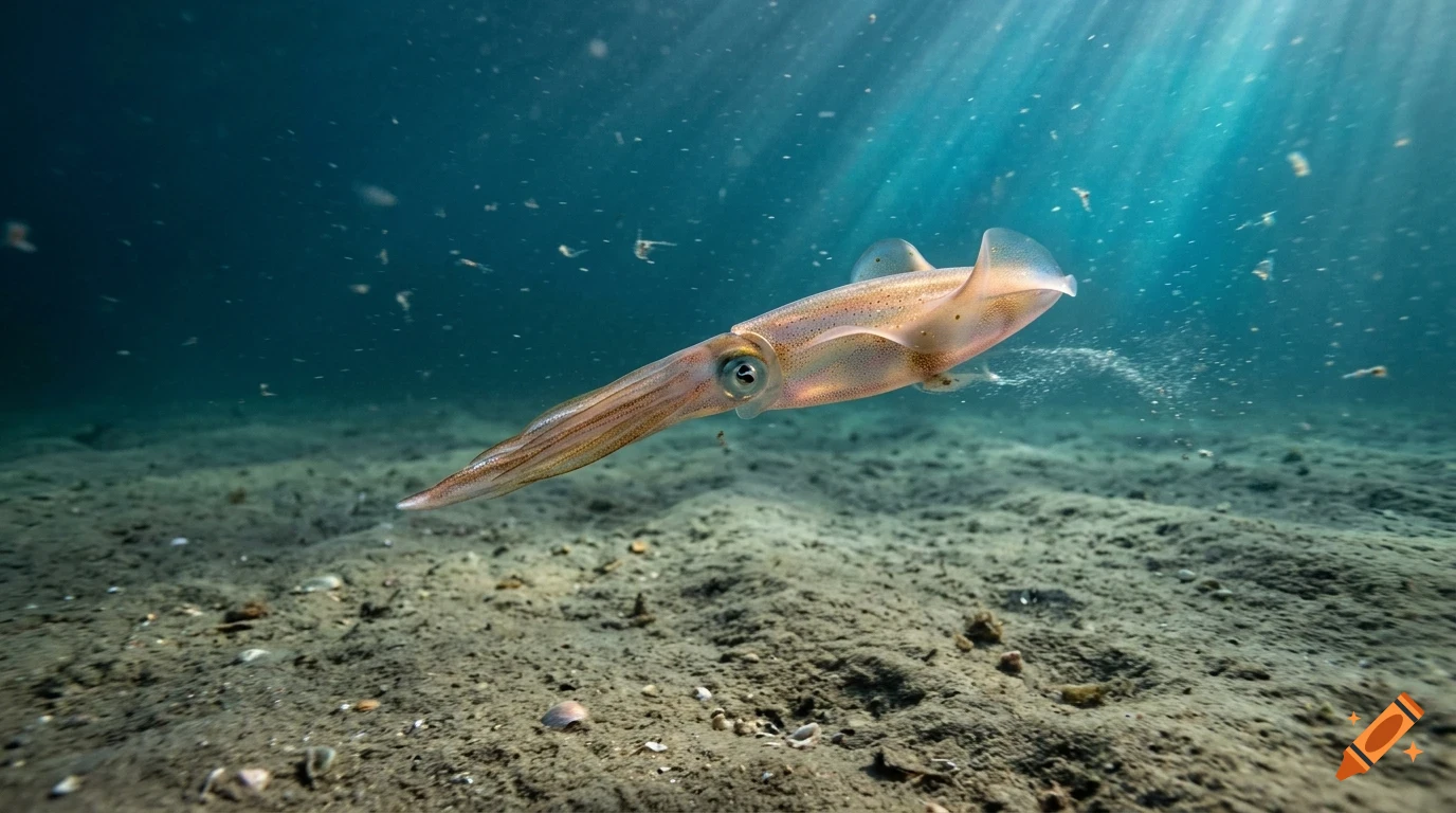 A translucent squid swimming in shallow blue water above a sandy seabed.