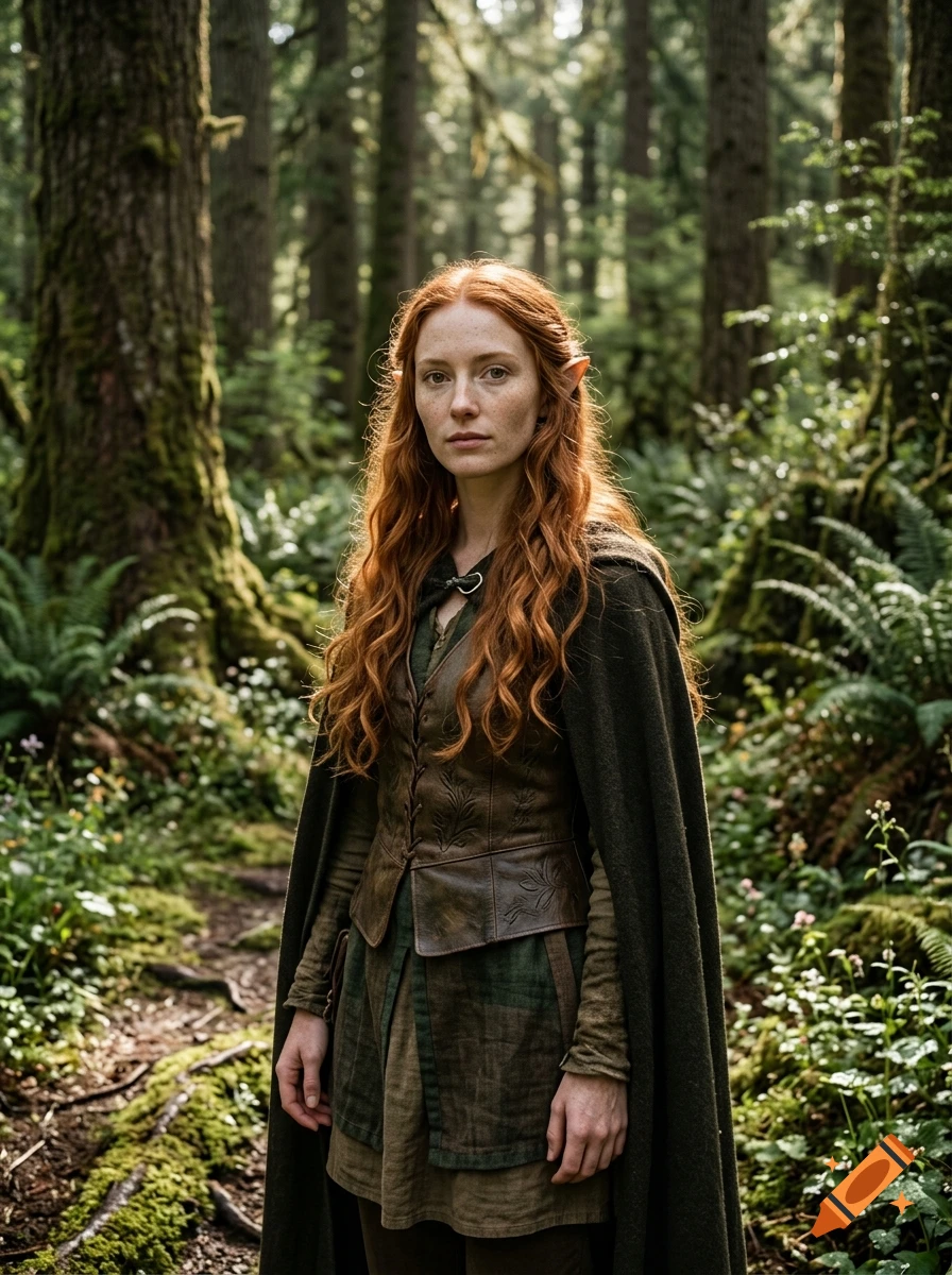 Photorealistic portrait of a woodsy elf girl with long red hair and pointed ears, standing in a lush green forest.