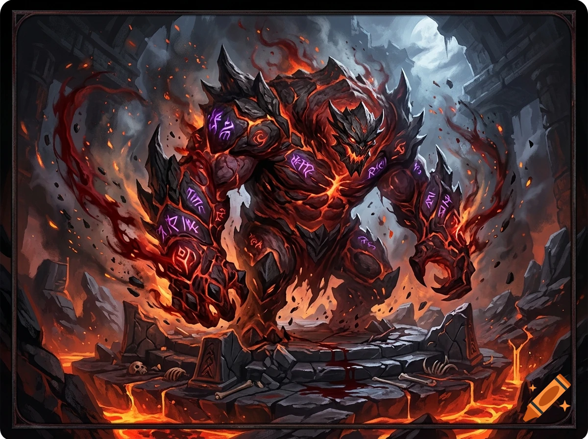 Fierce elemental rock and fire monster covered in glowing purple runes, standing on a stone platform with blood, fantasy art style.