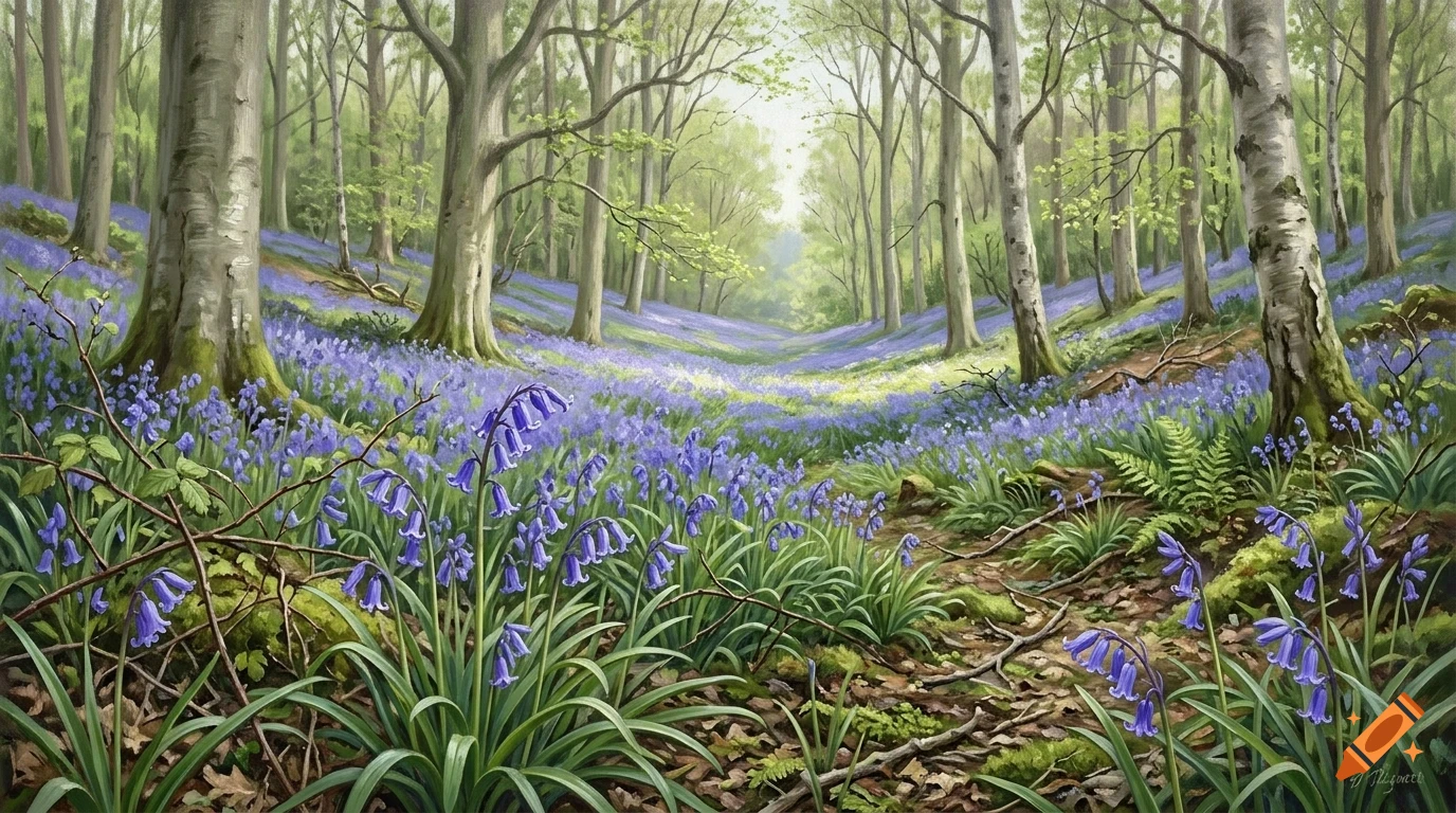 An oil painting of a serene deciduous forest floor carpeted with bluebell flowers under a soft canopy of tall trees.