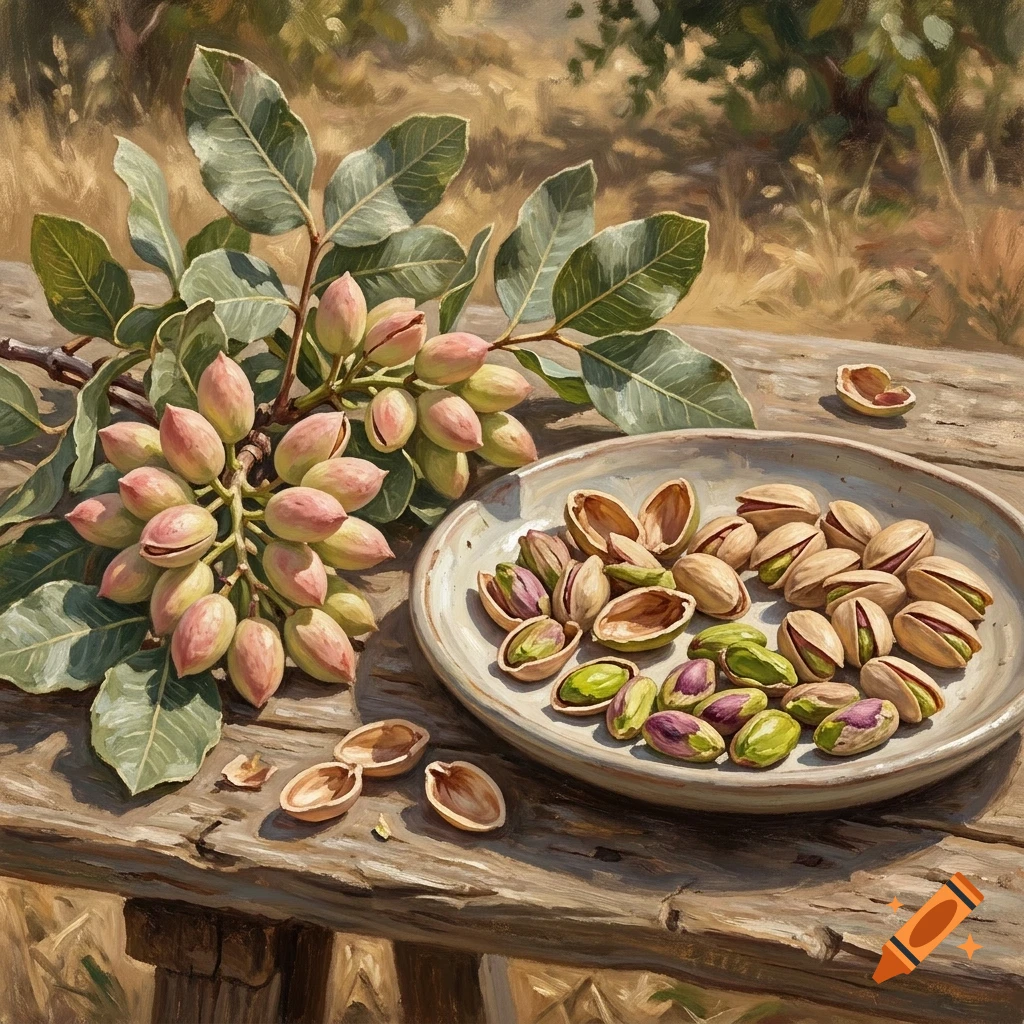 An oil painting of pistachio branches and shelled pistachios in a bowl on a rustic wooden table.