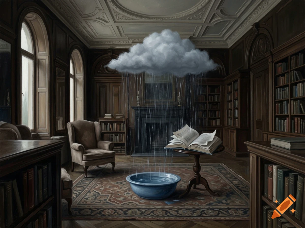 An oil painting of a library interior where a rain cloud hovers indoors, raining on an open book placed on a small table, with a basin collecting the water below.