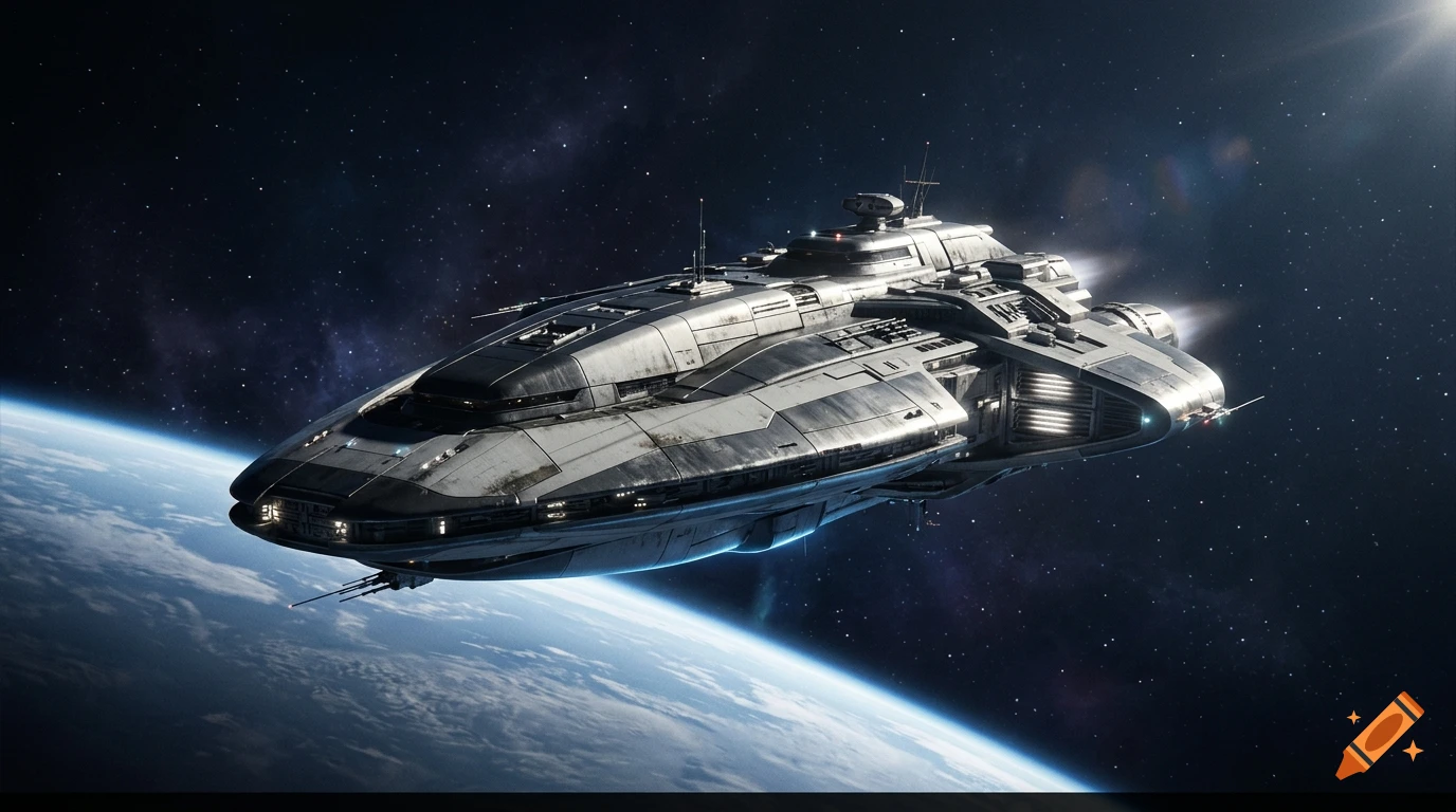 Photorealistic spaceship in orbit above a planet against a starry space background with lens flare.