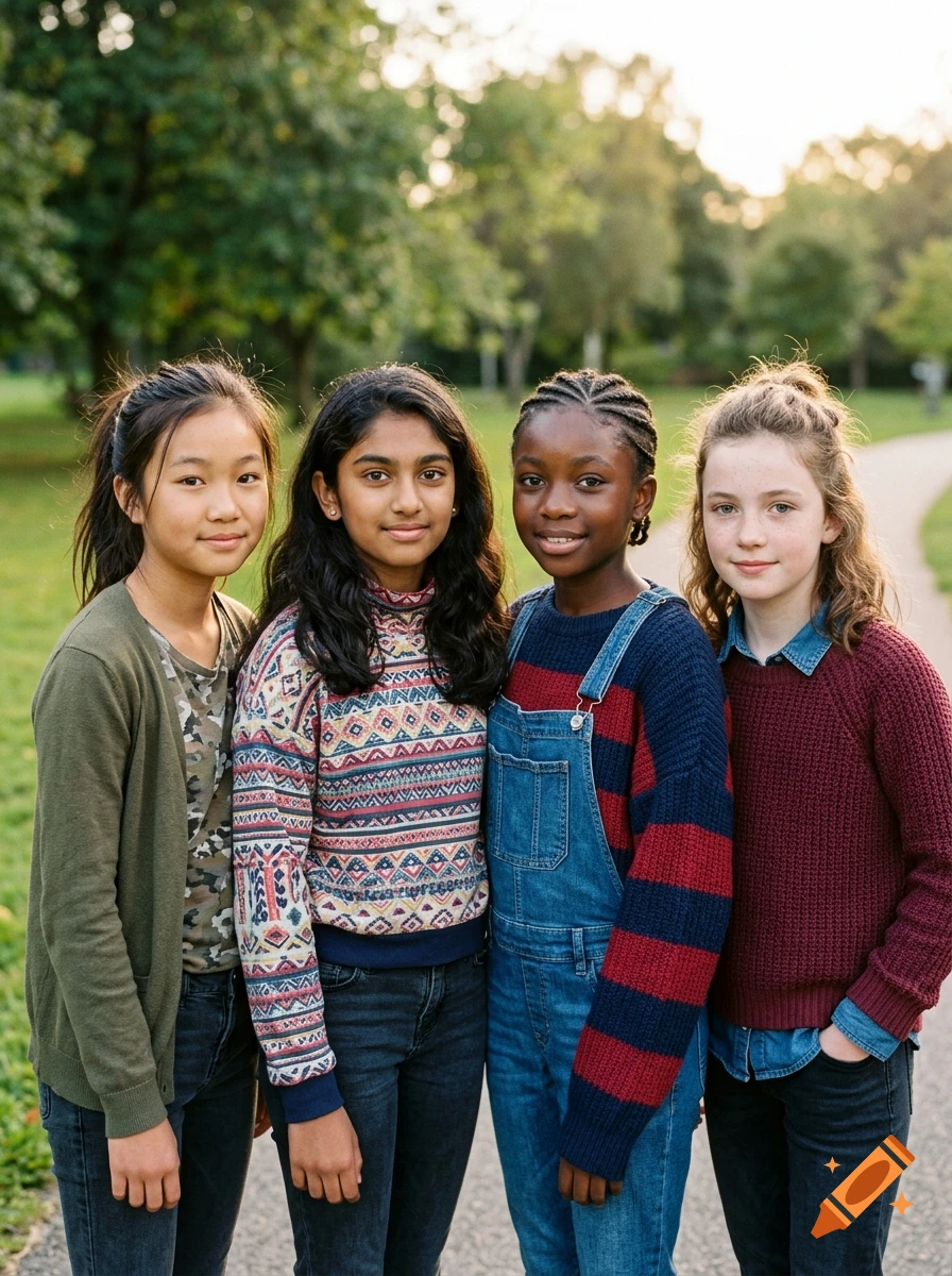 Photorealistic portrait of four ethnically diverse 11-12 year old girls smiling together in a park.