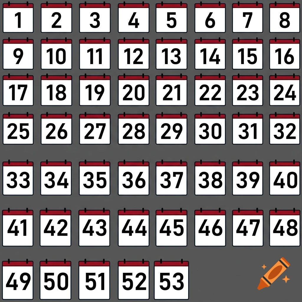 Grid of 53 calendar page icons, numbered 1 to 53 in black on white with a red top binding against a dark gray background.