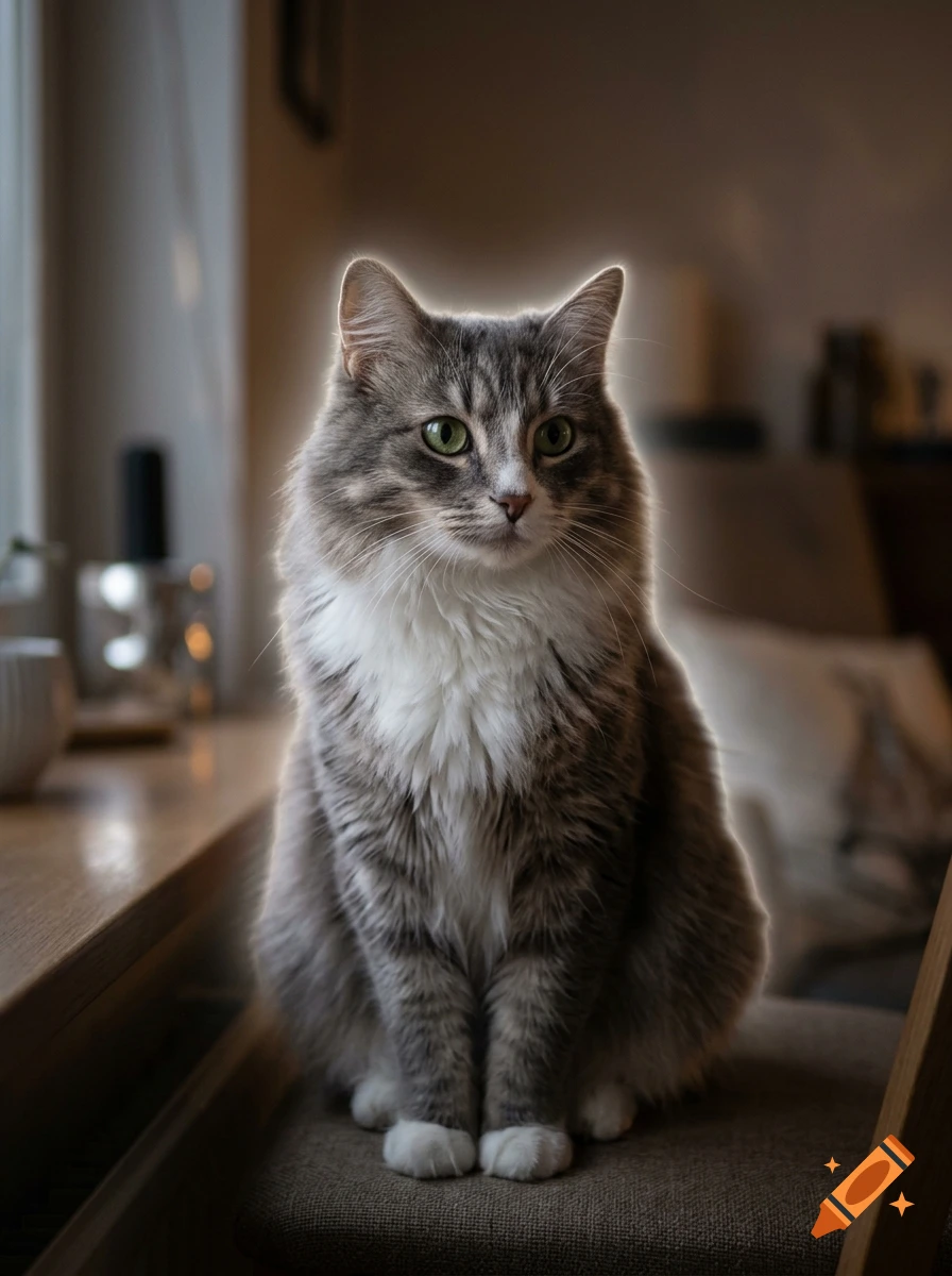Photorealistic portrait of a fluffy gray and white tabby cat sitting on a chair with a subtle aura.