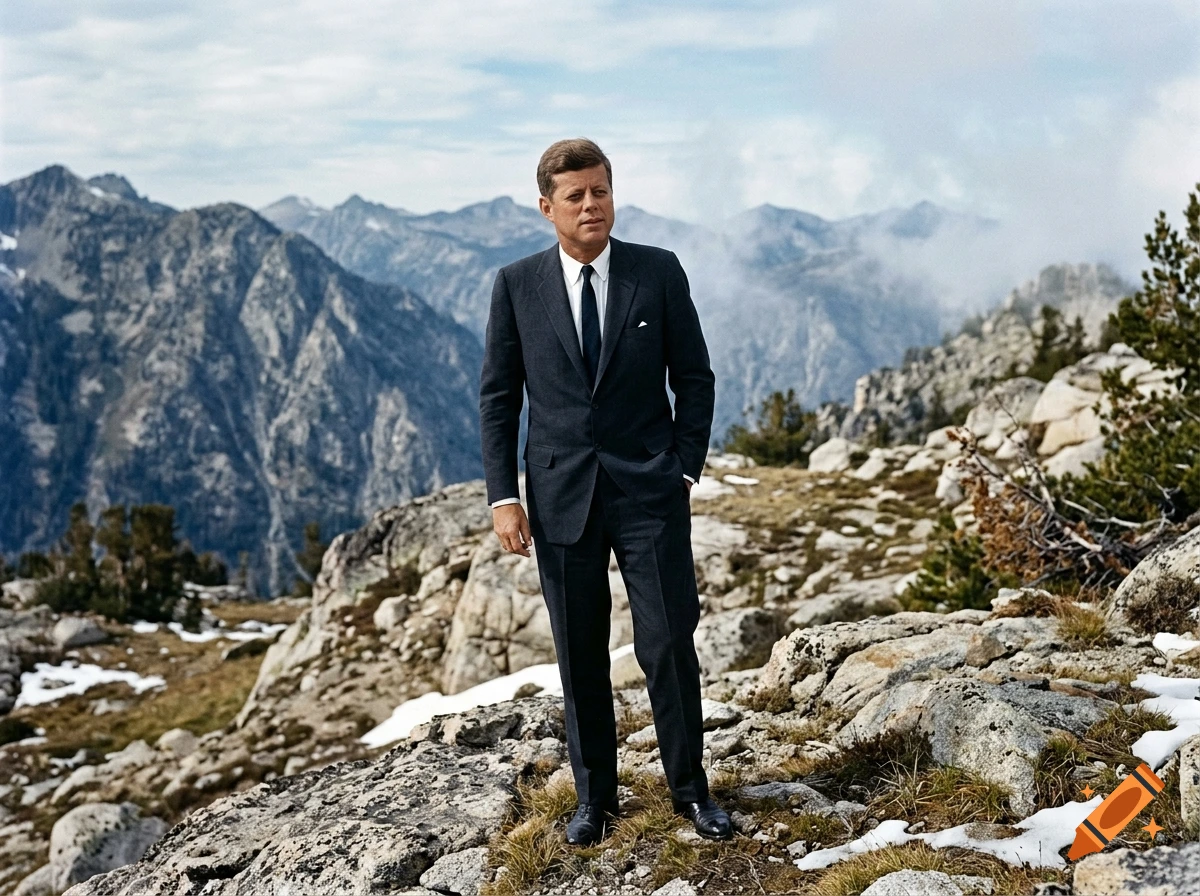 Photorealistic image of John F. Kennedy standing in a rocky mountain range.