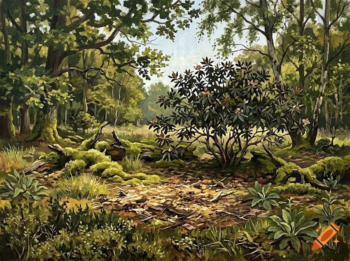 An oil painting of a sunlit forest clearing with a blooming rhododendron bush and moss-covered fallen logs.