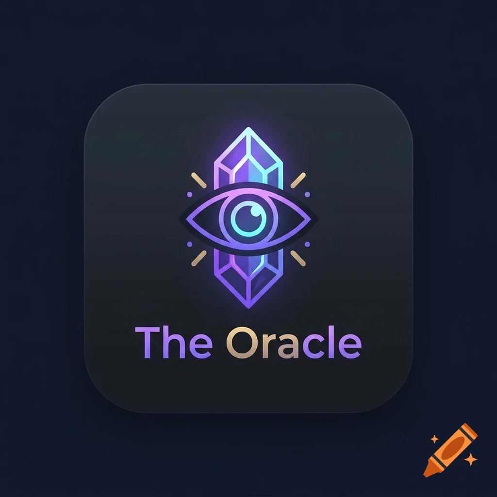 Dark mode app icon featuring a glowing purple crystal and mystical eye with the text The Oracle.
