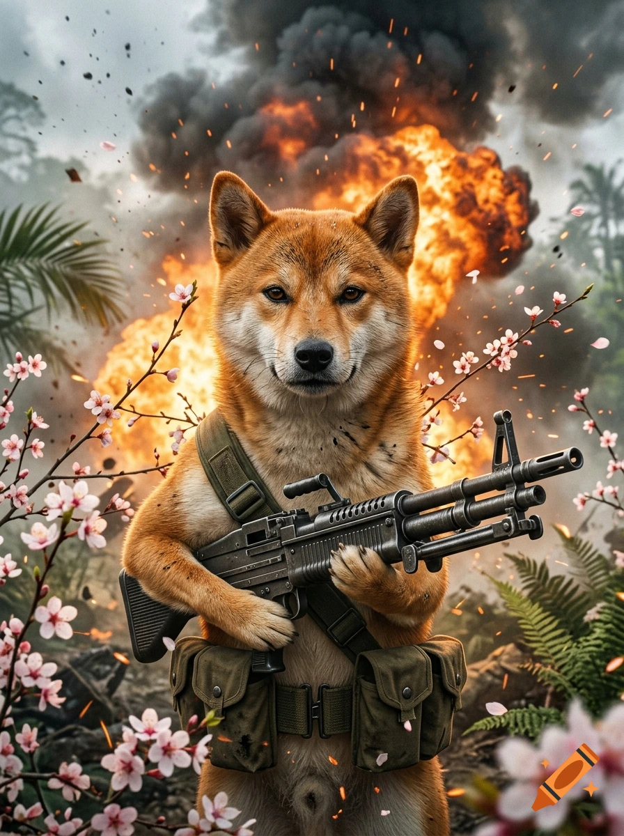 A Shiba Inu dog dressed as Rambo, holding an M60 machine gun amidst a massive fireball and blooming cherry blossoms.